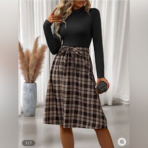 Target Black Top with Brown Plaid Tie-Waist Midi Dress